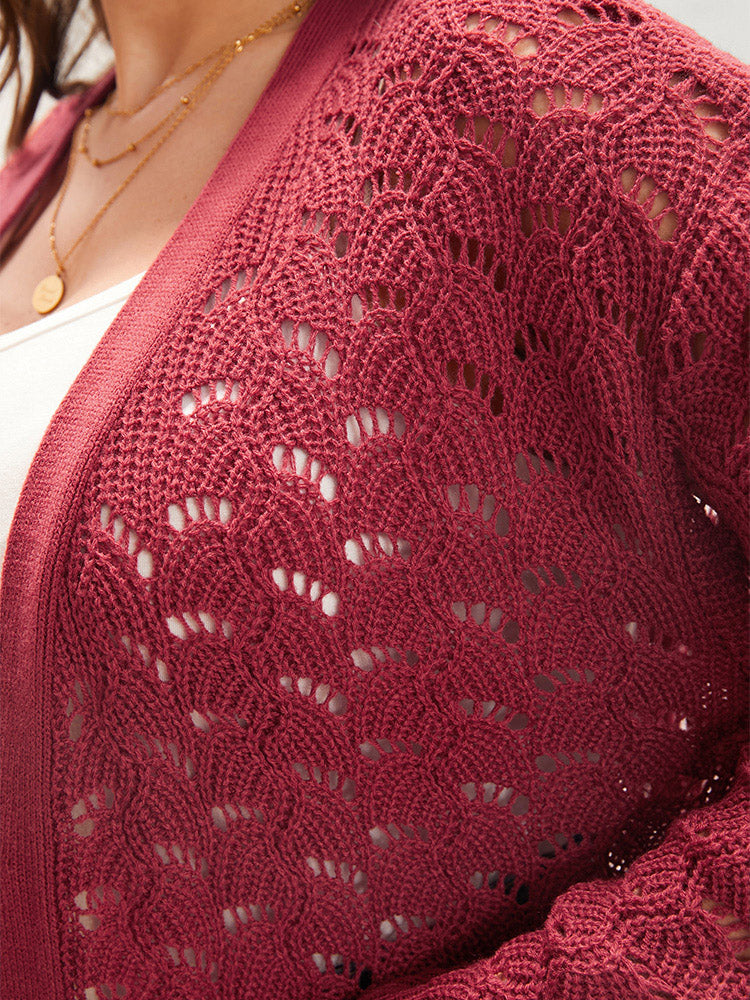 Plain Pointelle Knit Cut Out Pocket Open Front Mid Long Cardigan