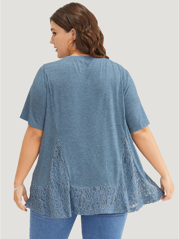 Solid Patchwork Crew Neck Lace Swing T-shirt