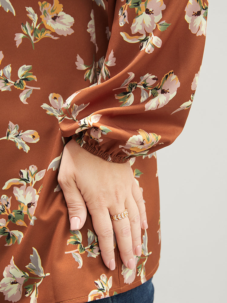 Floral V Neck Ruffles Trim Lantern Sleeve Blouse