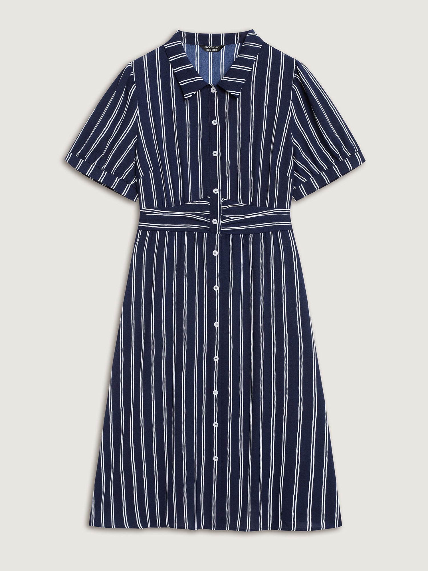 Striped Waist-Cinched Pockets Midi Dress