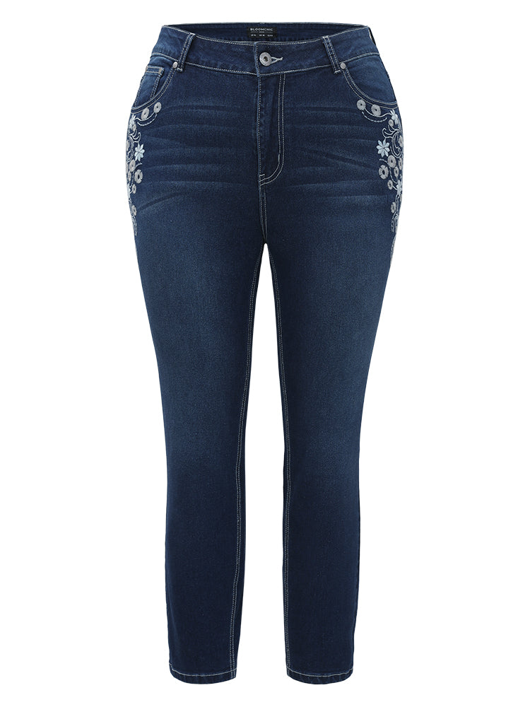 Floral Embroidered High Rise Skinny Jeans