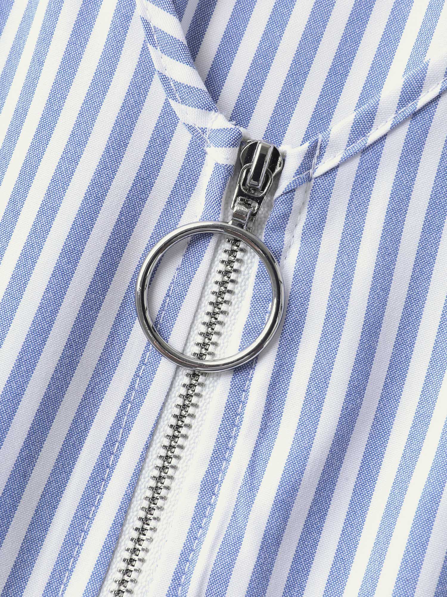 Striped Zipper Front Shirred Waist Midi Dress