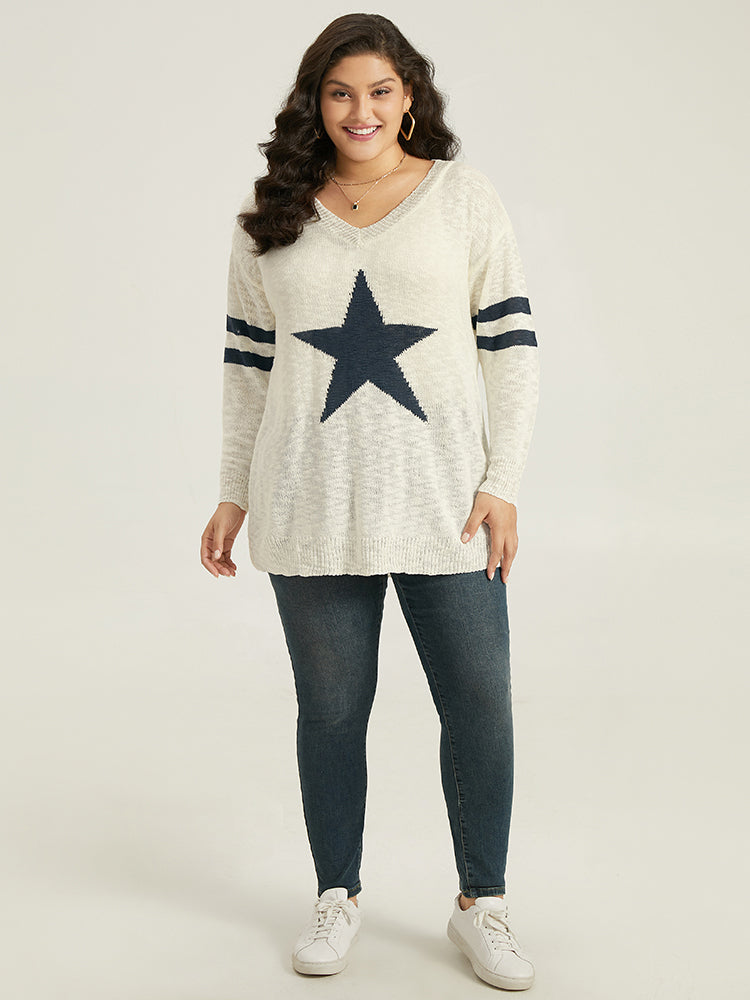 Star & Striped Print Drop Shoulder Pullover