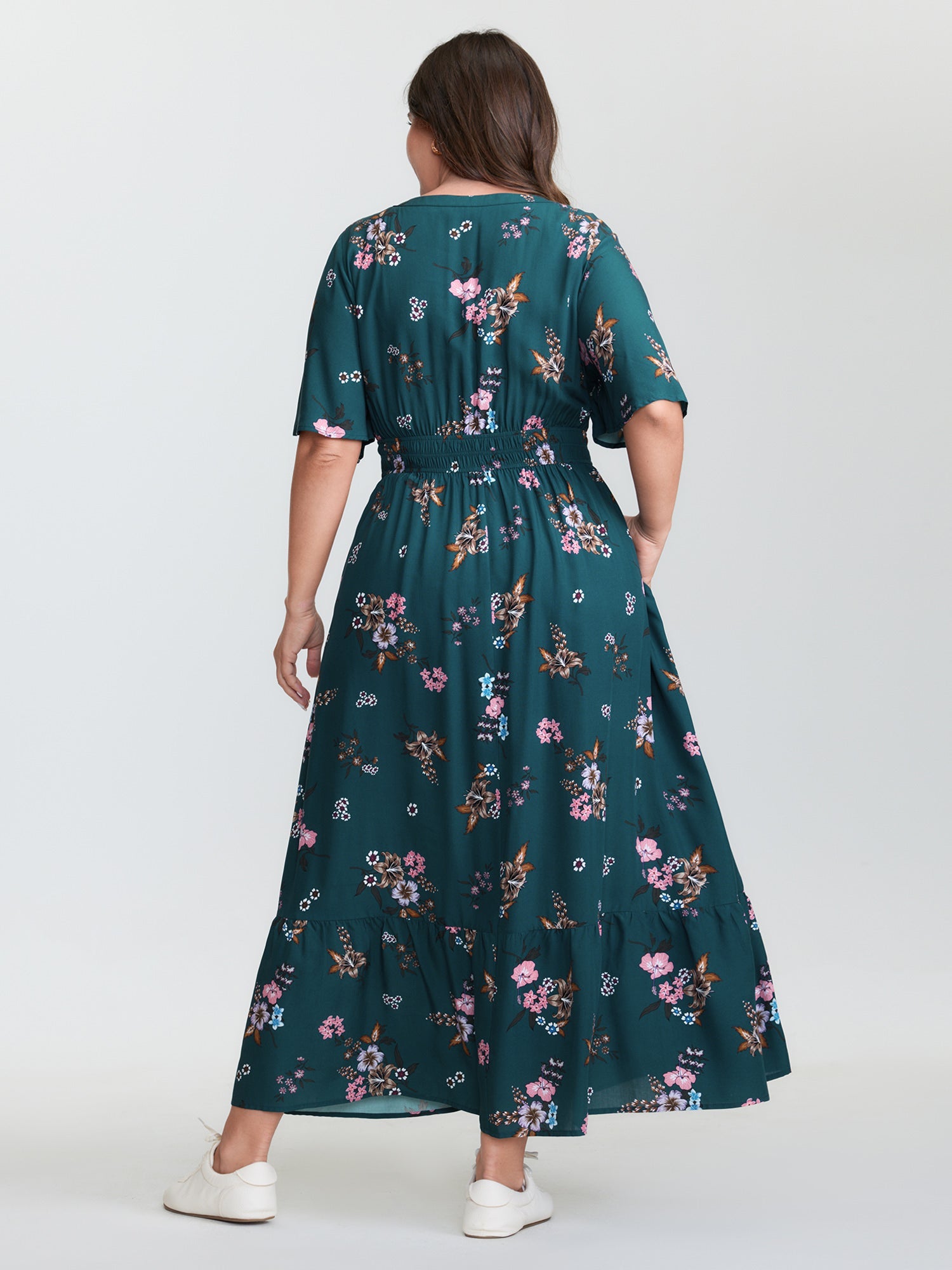 Floral Print Pockets Notched Collar Maxi Dress
