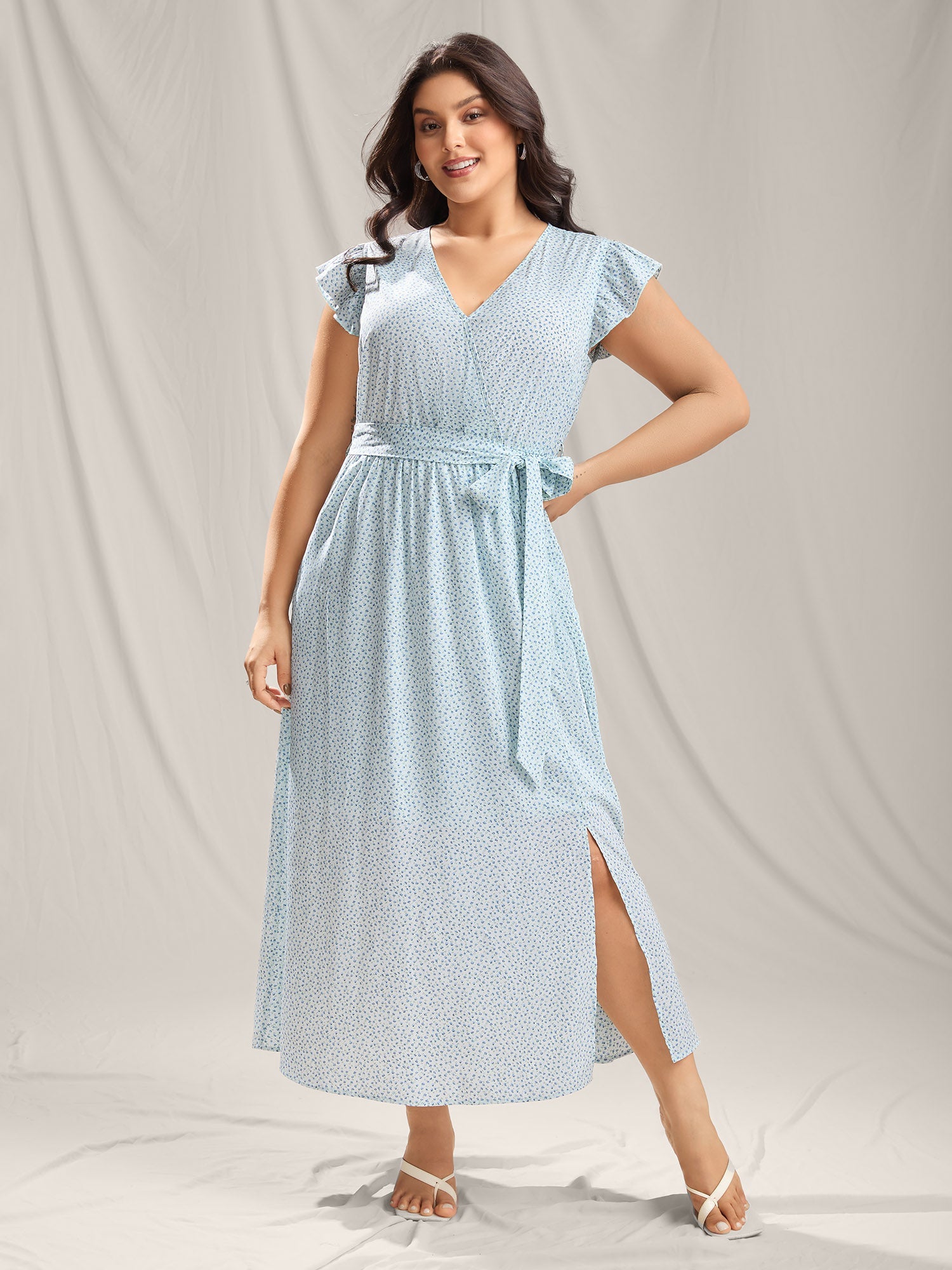 Floral Print Slit Belted Maxi Dress