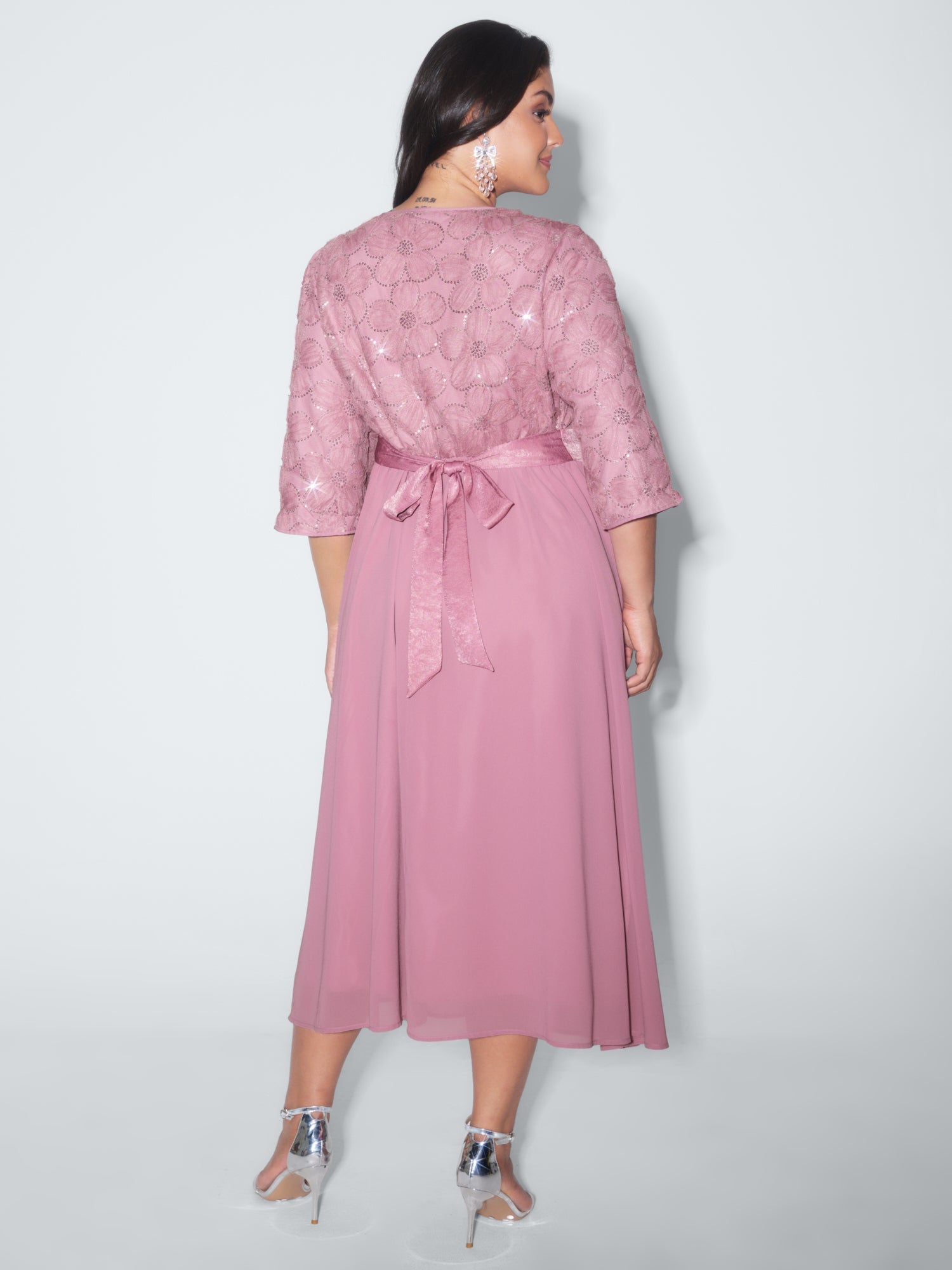 Sequin Floral Tulle Shirred Waist Maxi Dress