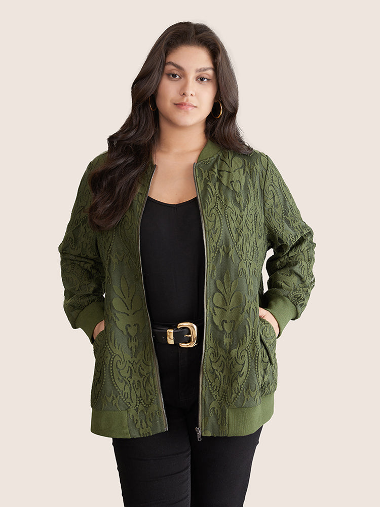 Silhouette Floral Print Zipper Lace Panel Jacket