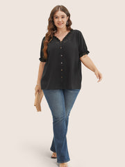 Solid Lace Trim Button Up Laser Cut Puff Sleeve Blouse