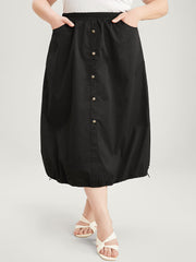 Solid Pocket Button Detail Drawstring Hem Skirt