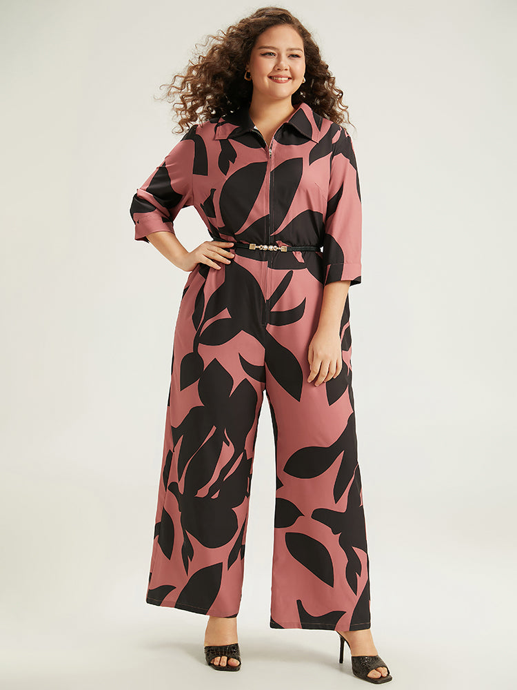 Silhouette Floral Print Zipper Belted Jumpsuit