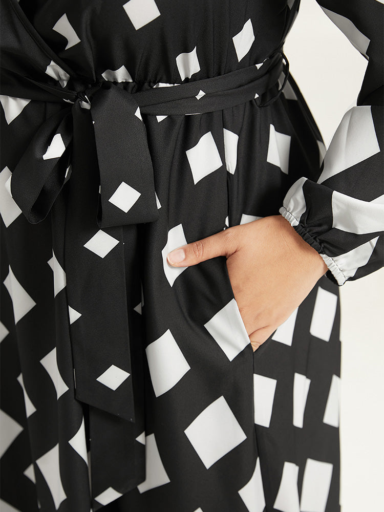 Geometric Print Belted Lantern Sleeve Dress