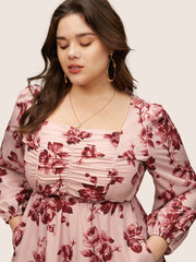 Floral Ruched Square Neck Lantern Sleeve Dress