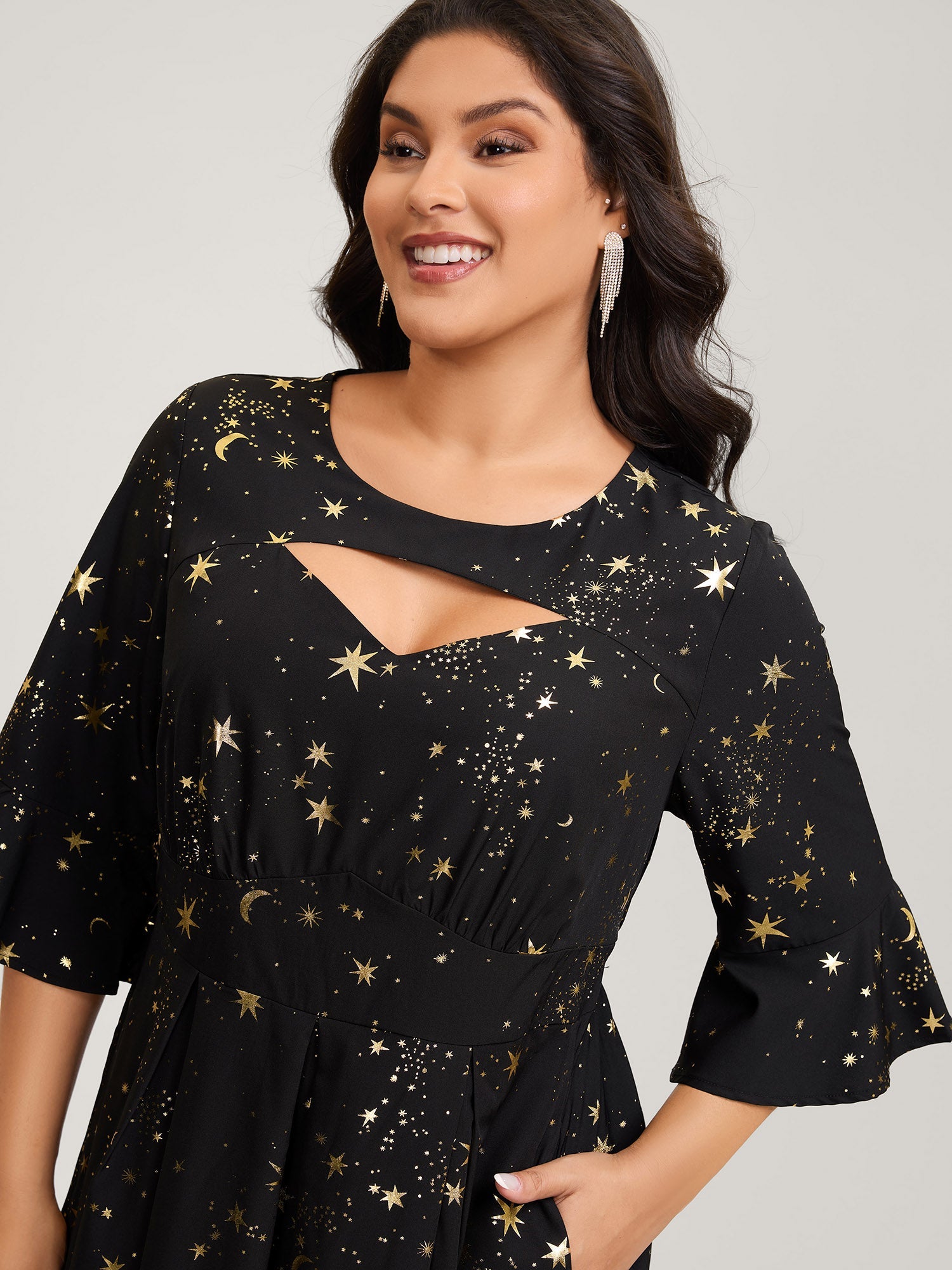 Shimmery Starry Neck Cut-Out Midi Dress