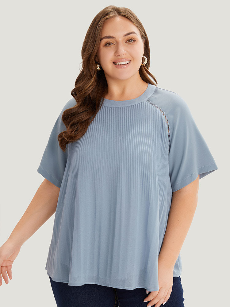 Solid Pleated Raglan Sleeve Patchwork Blouse