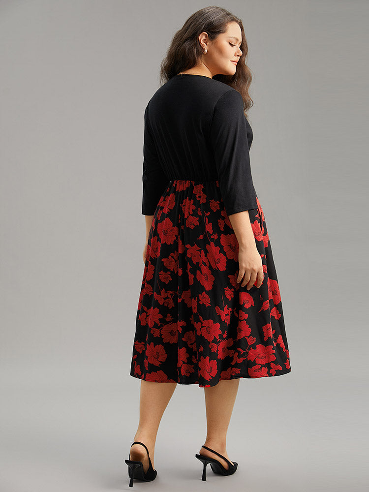 Silhouette Floral Print Patchwork Surplice Neck Dress