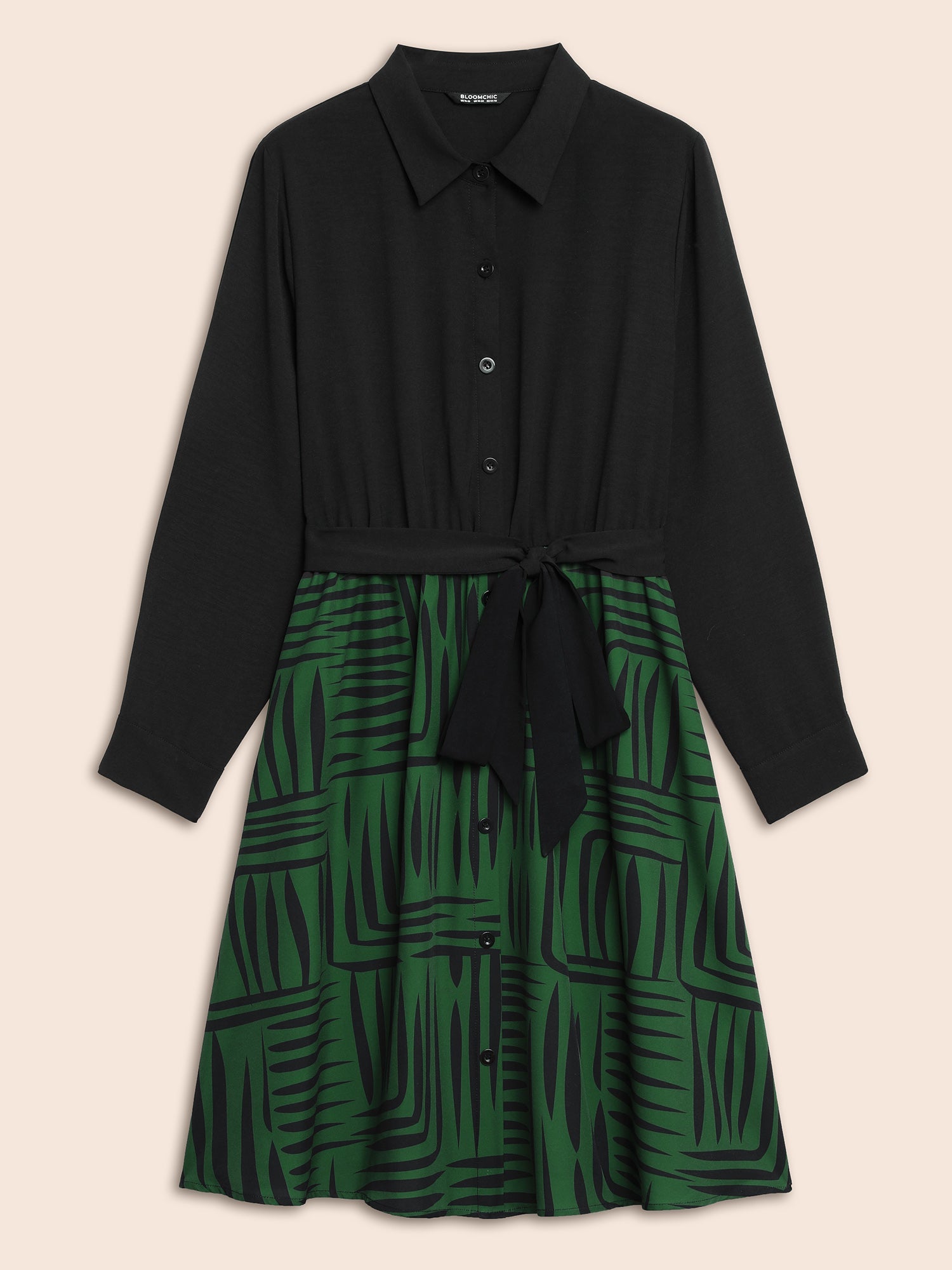 Geometric Patchwork Button Up Belted Dress