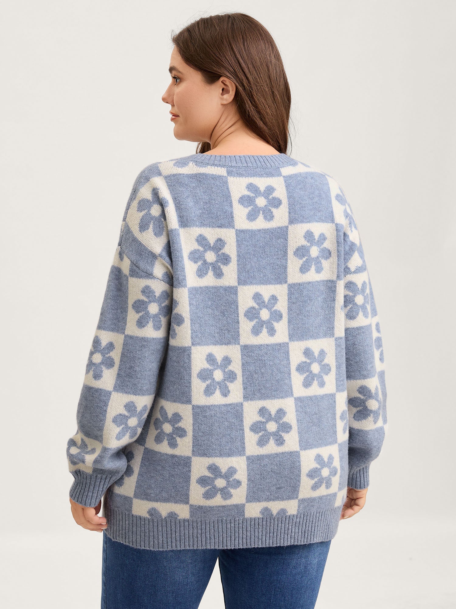 Floral Checkered Color Contrast Pullover