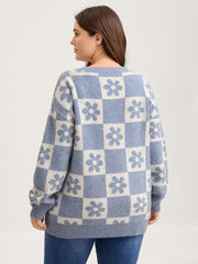 Floral Checkered Color Contrast Pullover