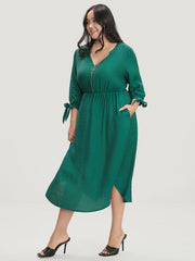 Solid Pocket Knot Sleeve Half Zipper Arc Hem  Dress