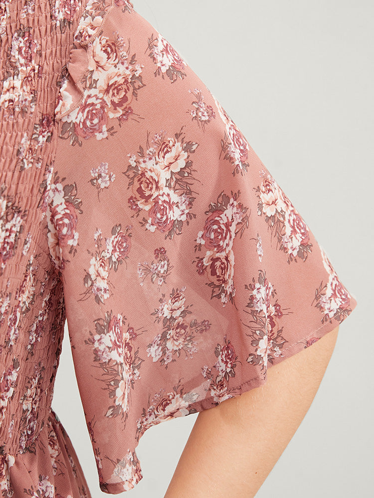 Floral Print V Neck Shirred Pocket Ruffle Dress