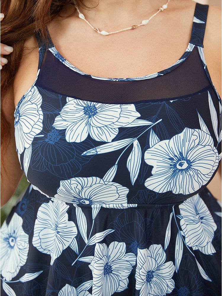 Floral Flutter Hem Mesh Patchwork Swim Dress