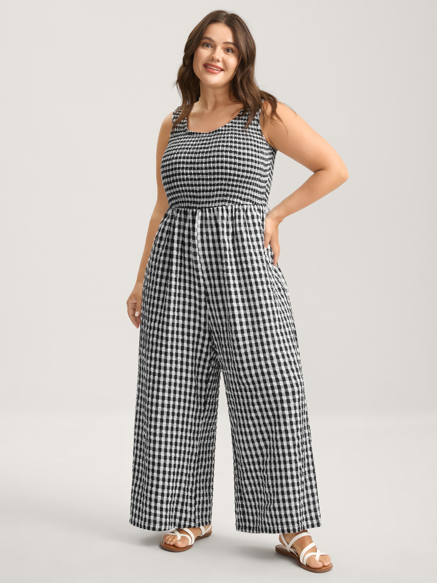 Gingham Print Shirred Straight-Leg Jumpsuit