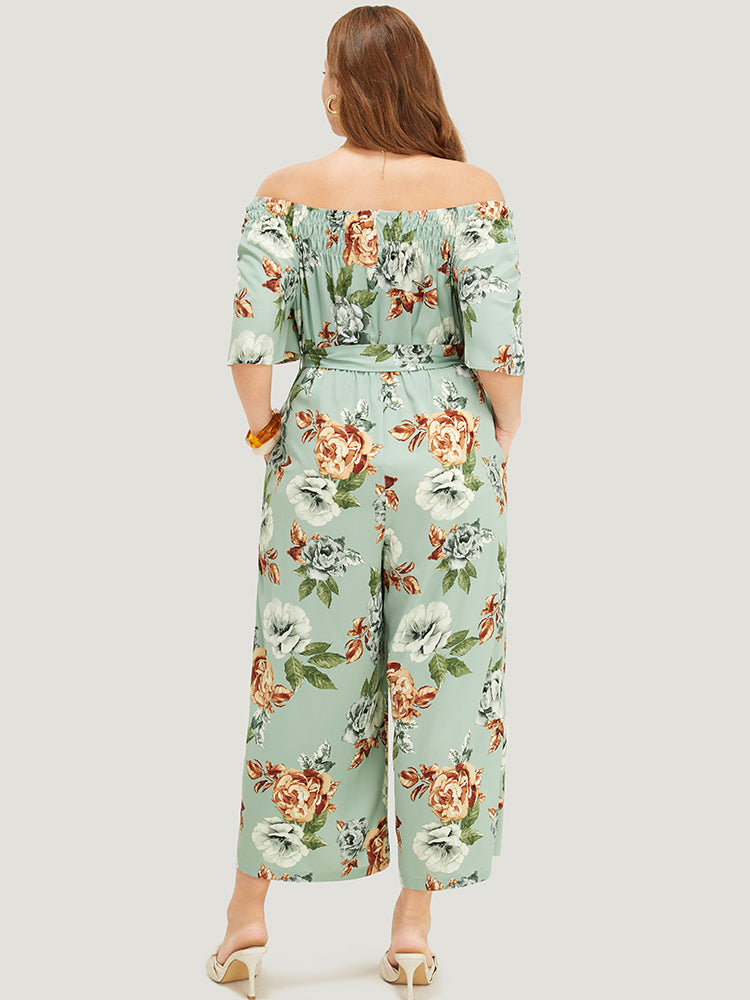 Floral Flutter Sleeve Gathered Belt Pocket Jumpsuit