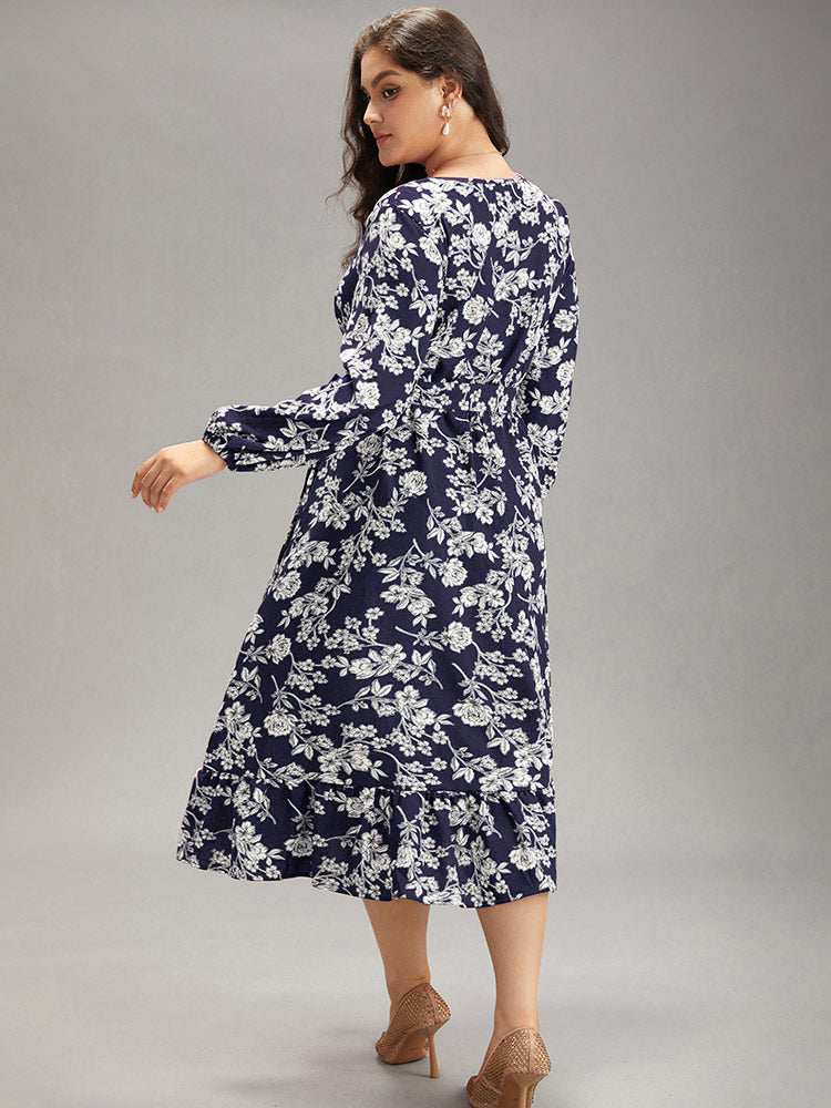 Floral Print Elastic Cuffs Ruffle Hem Dress