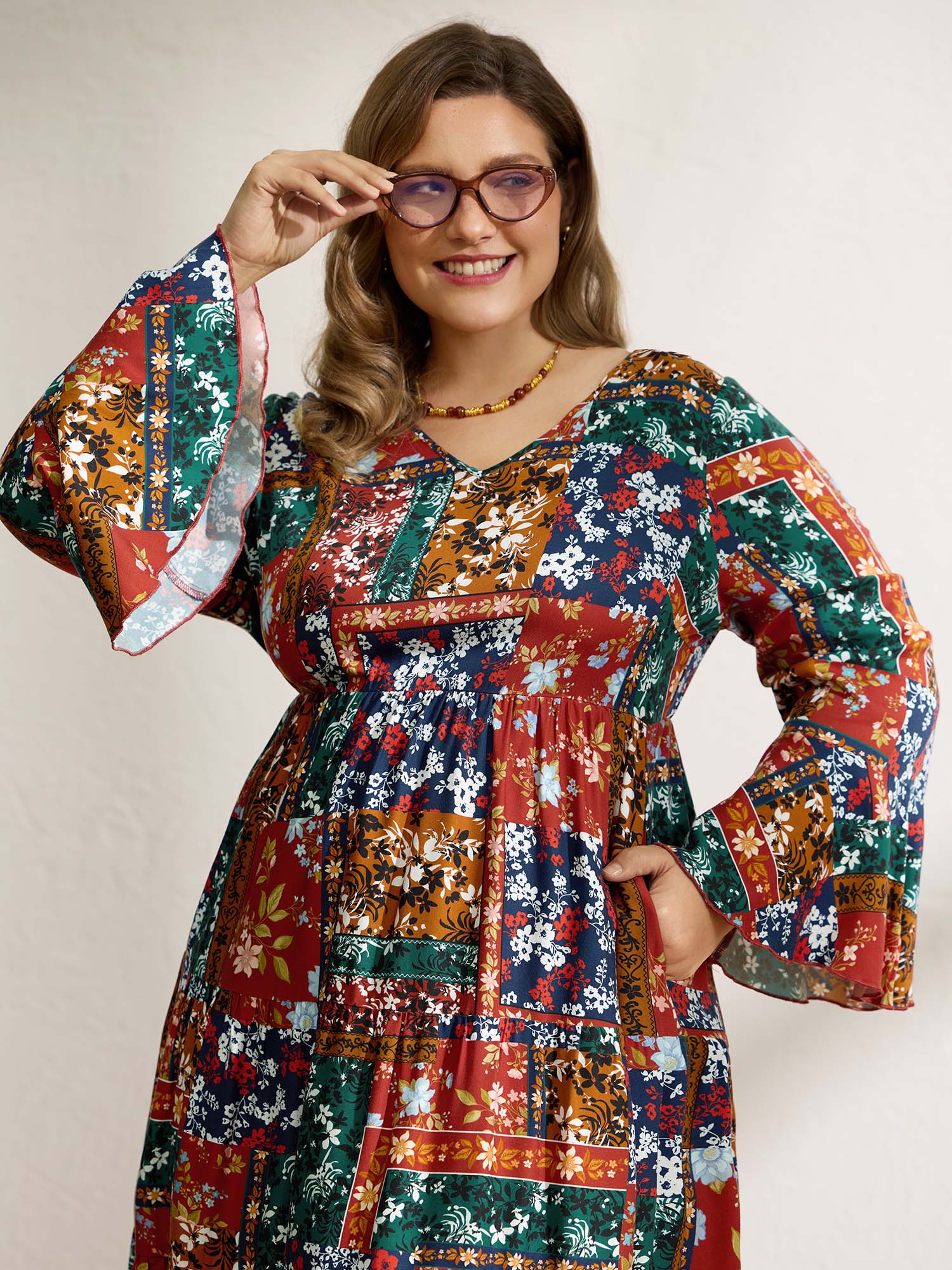 Floral Collage Print Deep V-Neck Midi Dress