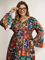 Floral Collage Print Deep V-Neck Midi Dress