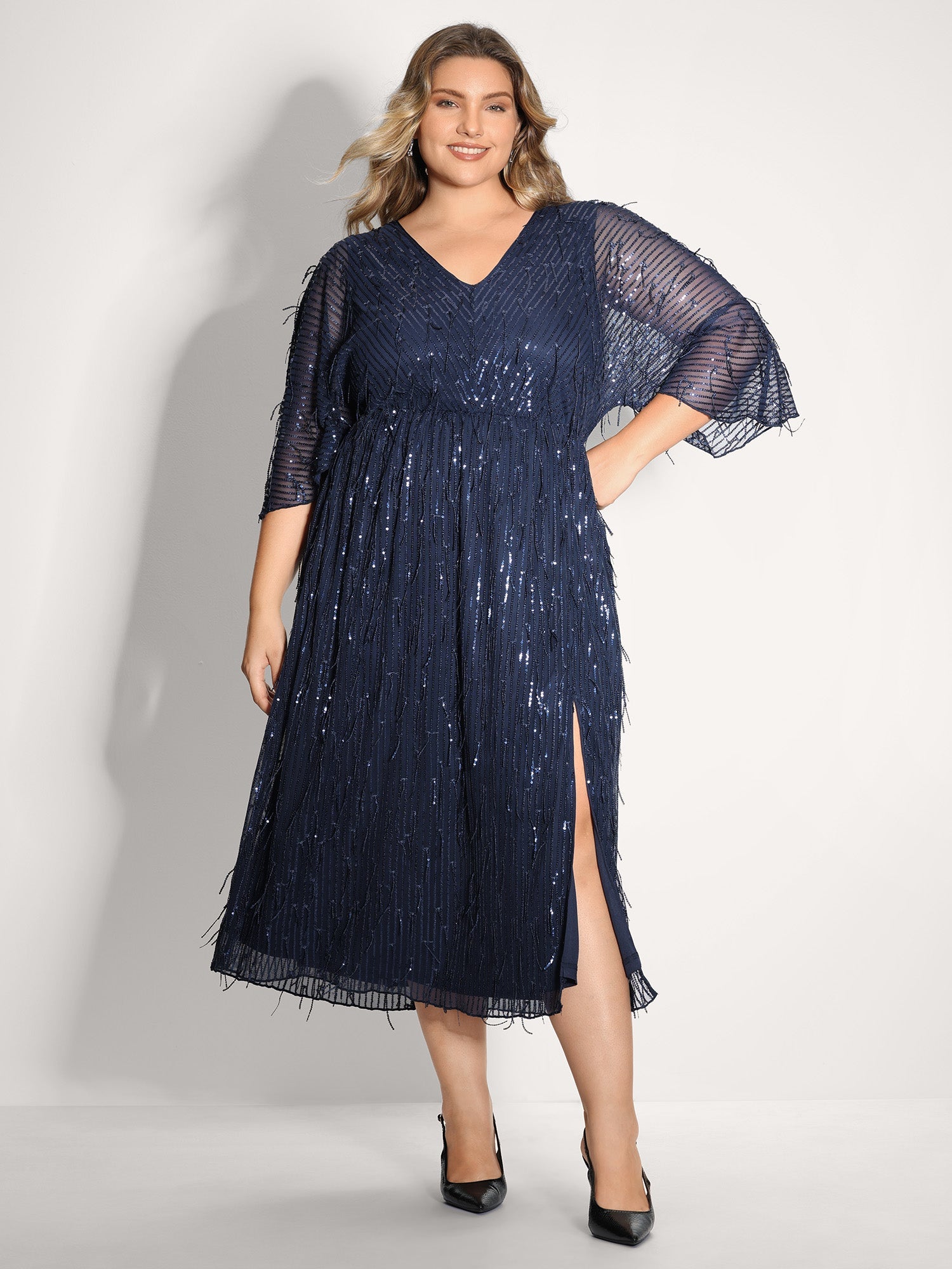 Sequin Lace High Slit Backless Maxi Dress