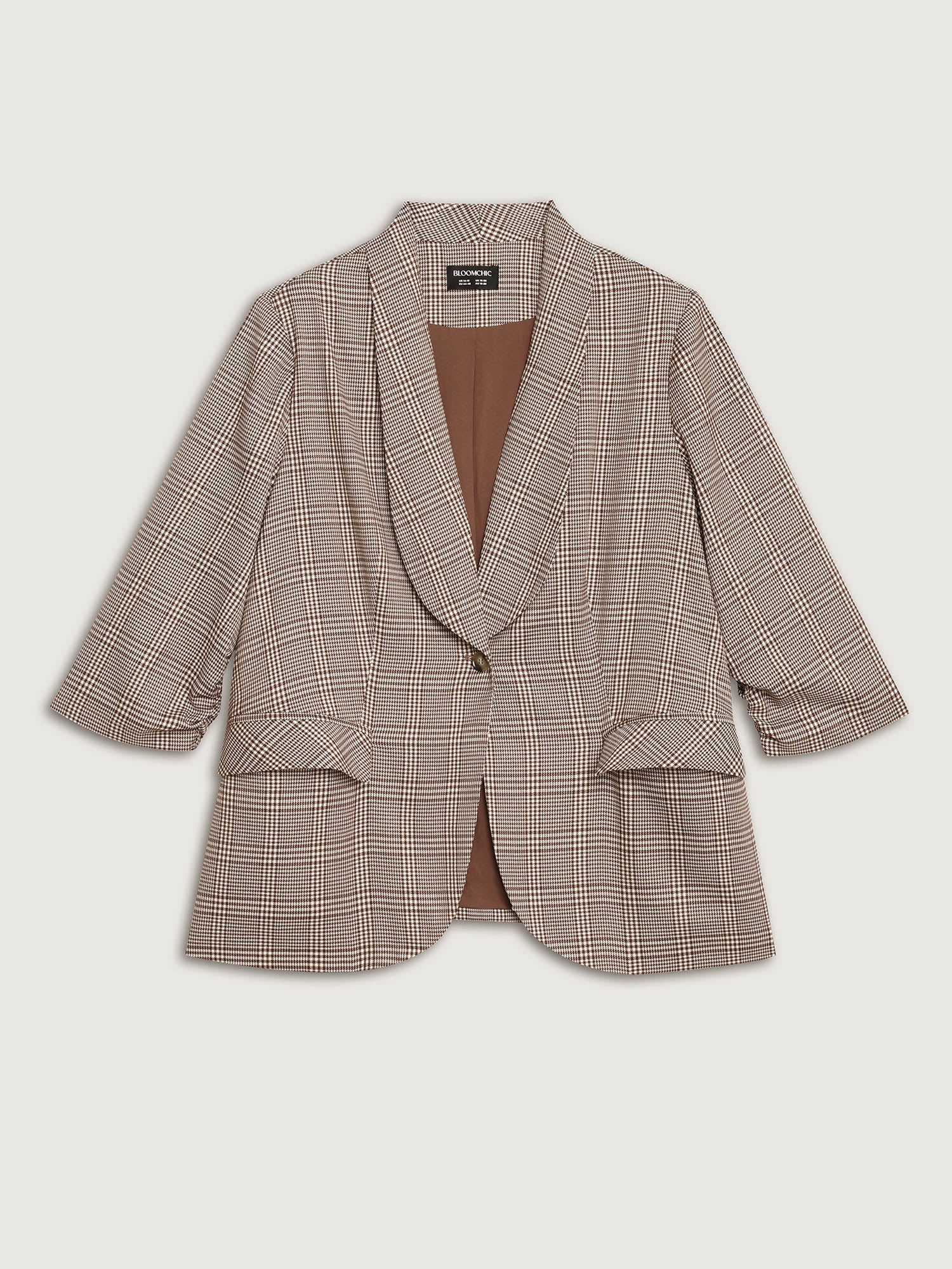 Plaid Pattern Gathered Sleeve Button Blazer