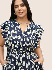Notched Leopard Print Cap Sleeve Ruffles Dress