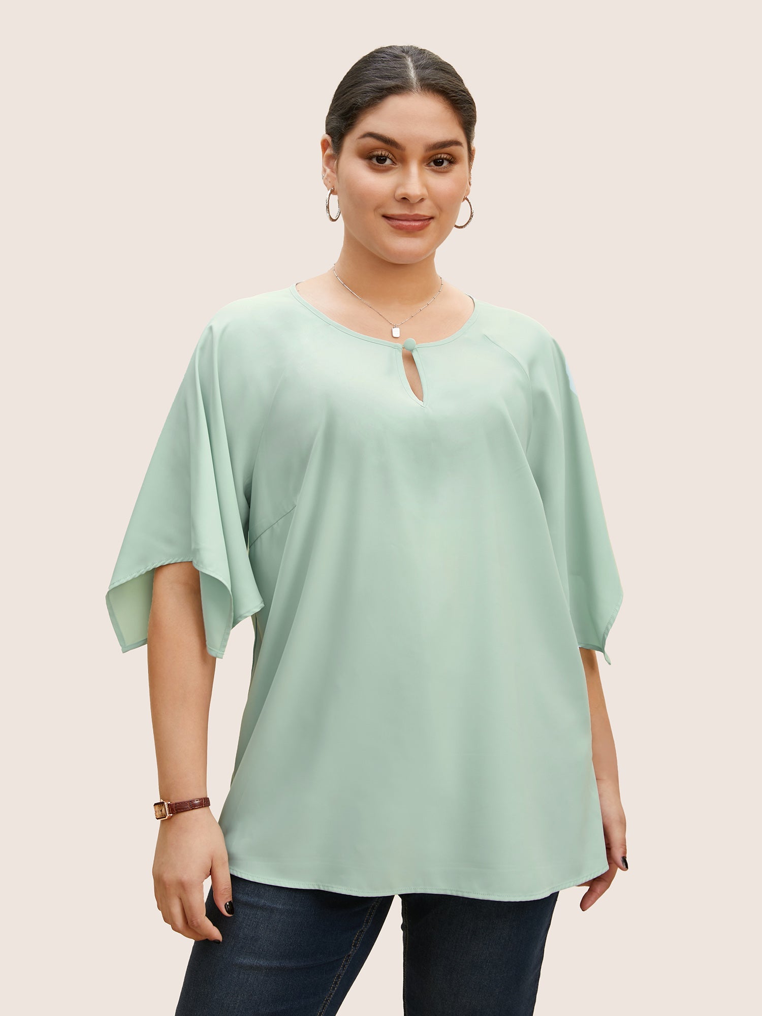 Solid Raglan Sleeve Keyhole Button Up Blouse