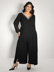 Sequin Neckline Petal Flowy Hem Jumpsuit