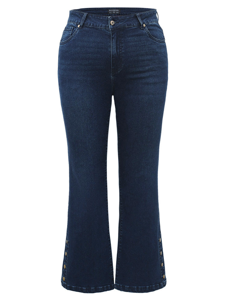 Plain Button Detail Flare Leg Full Length Jeans