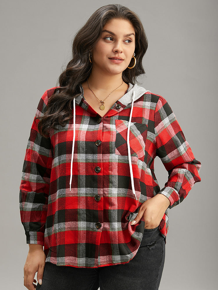 Plaid Patchwork Hooded Drawstring Button Through Jacket