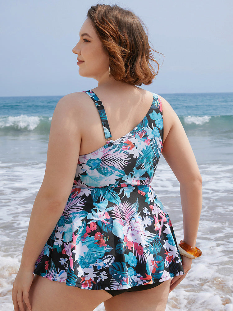 Floral Printed Asymmetrical Ruffles Hem Tankini Top