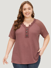 Plain Contrast Lace Raglan Sleeve Button Detail T-shirt