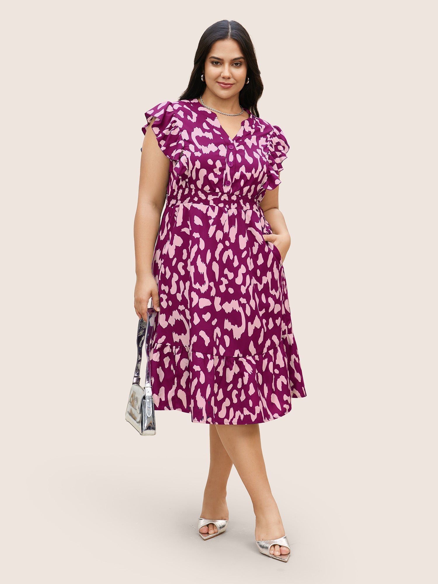 Notched Leopard Print Cap Sleeve Ruffles Dress