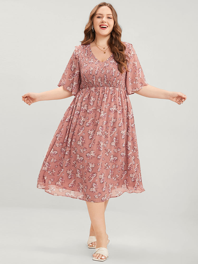 Floral Print V Neck Shirred Pocket Ruffle Dress