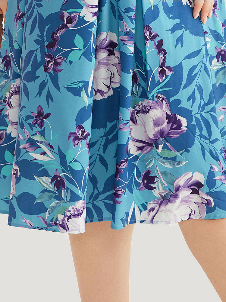 Floral Print Pleated Flutter Zipper Dress