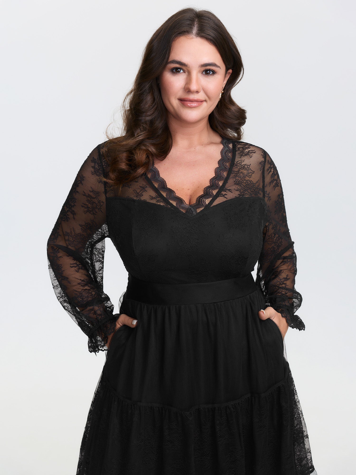 Sheer Lace Trim Stretchy Waist Midi Dress