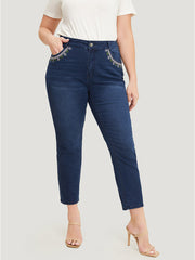 Straight Very Stretchy High Rise Dark Wash Embroidered Trim Jeans