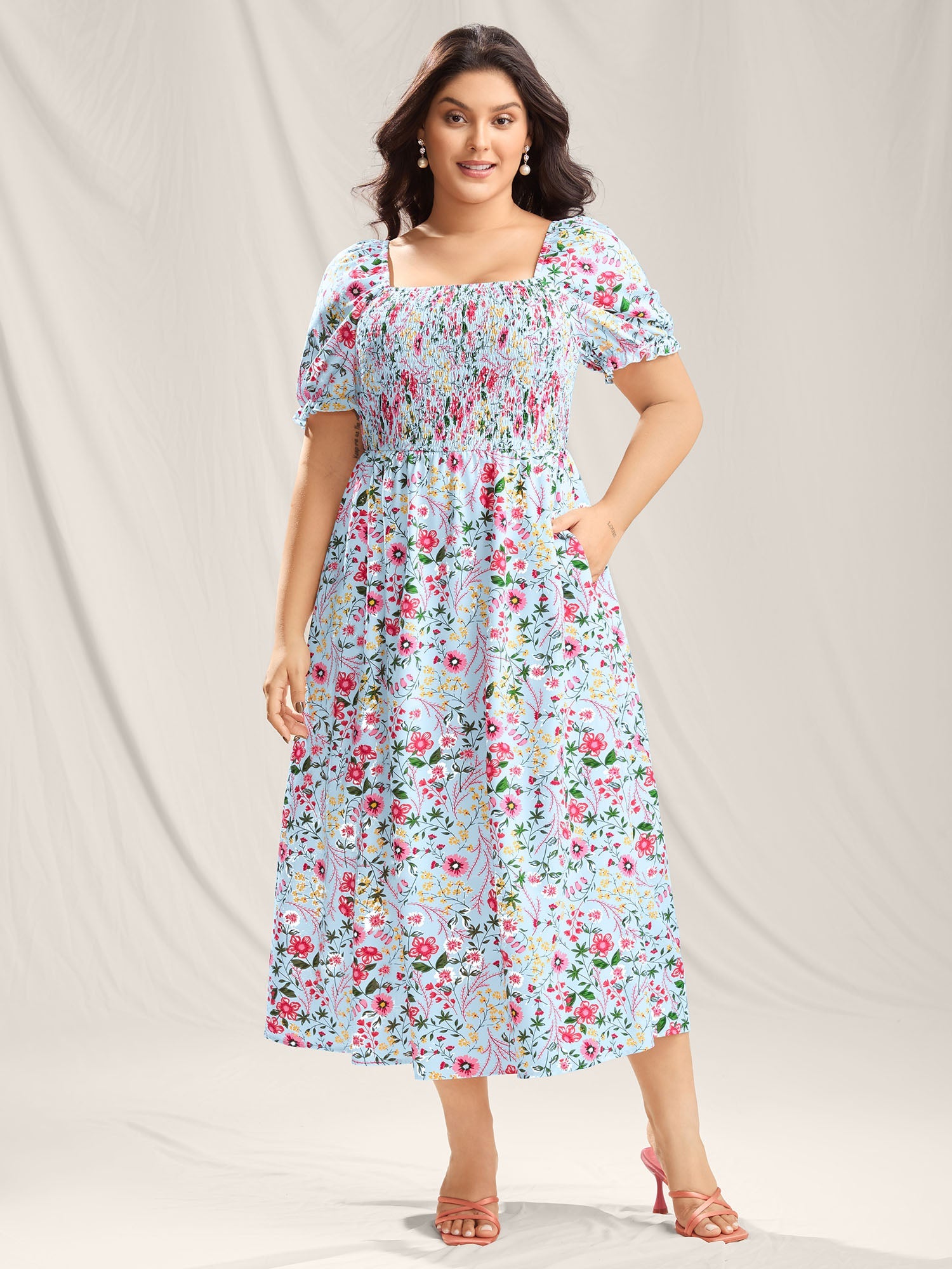 Shirred Floral Print Pockets Maxi Dress