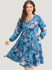 Floral Print Pleated Flutter Zipper Dress