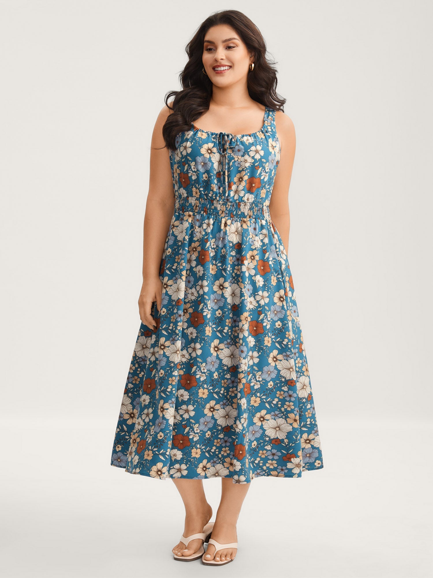 Floral Print Shirred Waist Midi Dress