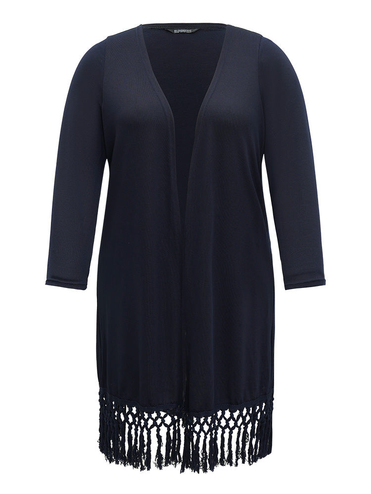 Plain Patchwork Open Front Tassel Trim Kimono