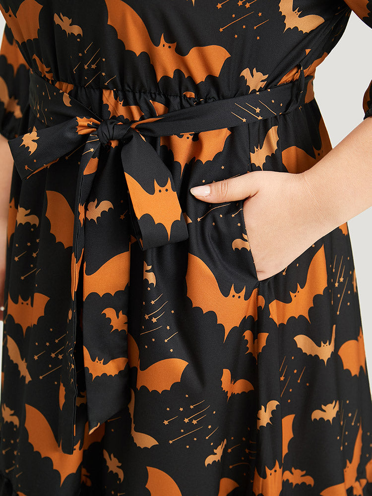 Halloween Bat Print Notched Belted Pocket Dress