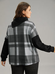 Plaid Patchwork Mock Neck Button Detail Sweatshirt